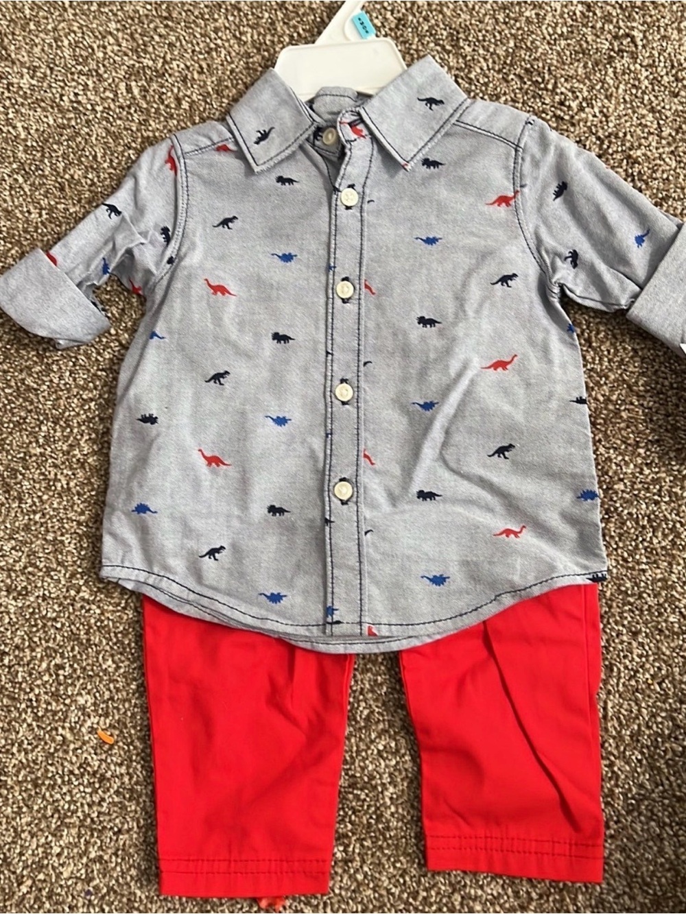 Carter's Gray Button-Down Shirt with Red & Blue Dino Prints